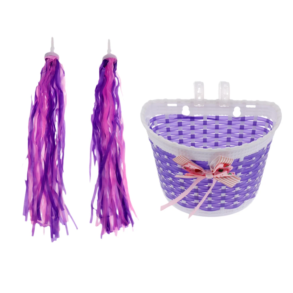 Girls Bike Front Basket Children Bowknot Shopping Holder Case + Bike Scooter Streamers Purple  Bicycle Basket Kids 