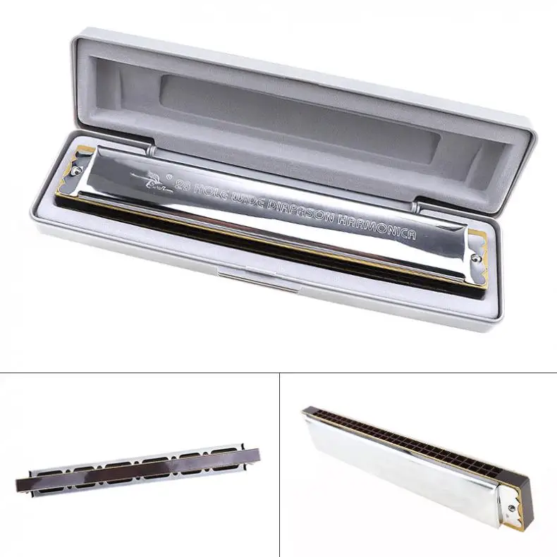 28 Holes Complex Tone Silver font b Harmonica b font Diatonic Blues Harp Mouth Organ Musical