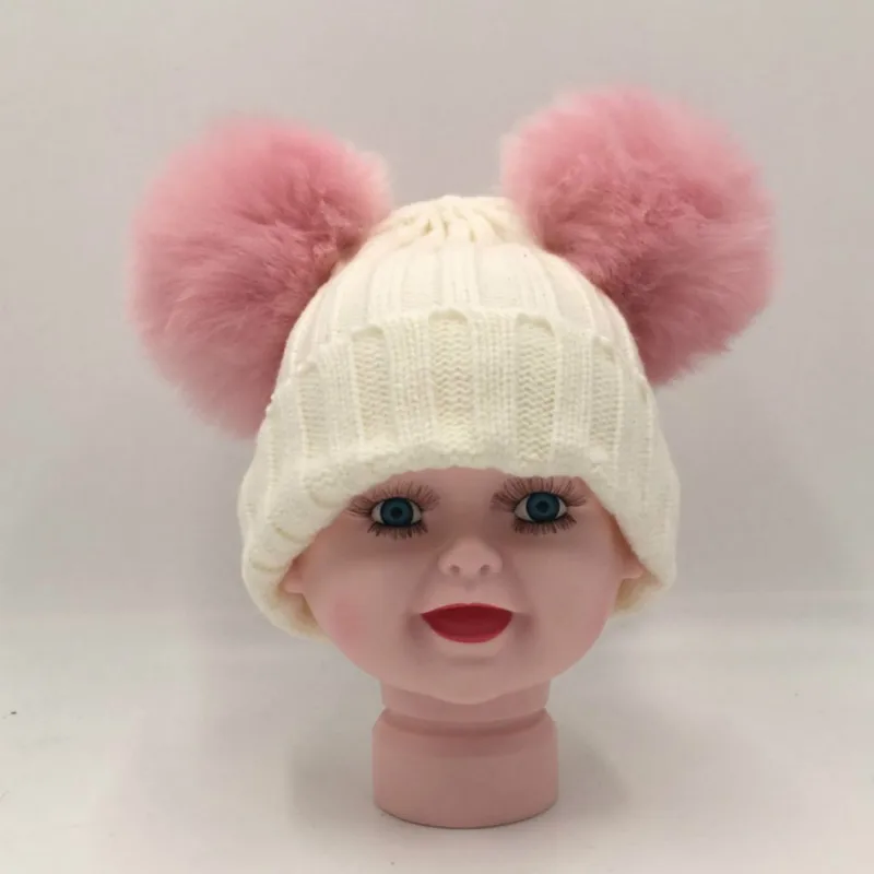 pink Которая в душе для маленьких девочек и мальчиков bobble вязаная зимняя шапка с двумя помпон, Верхняя теплая шапка с двойным меховым помпоном, детская шапочка - Цвет: pink