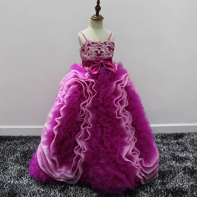 Cheap Flower Girl Dresses Purple Bow Belt Patchwork Spaghetti Straps Lace Up Ball Gown Ruffle First Communion Pageant Dresses for Girl