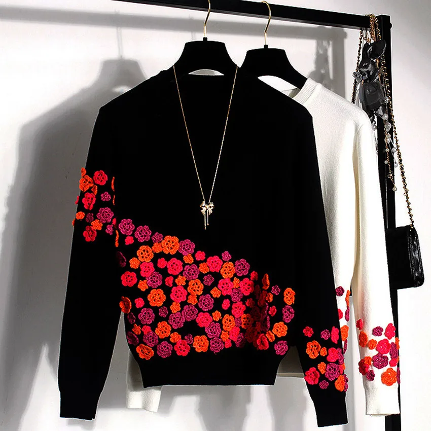 Luxury Brand Designer Runway Sweaters Autumn Winter Sweater Women 3D Floral Appliques Embroidery Pullover Jumper knitwear | Женская