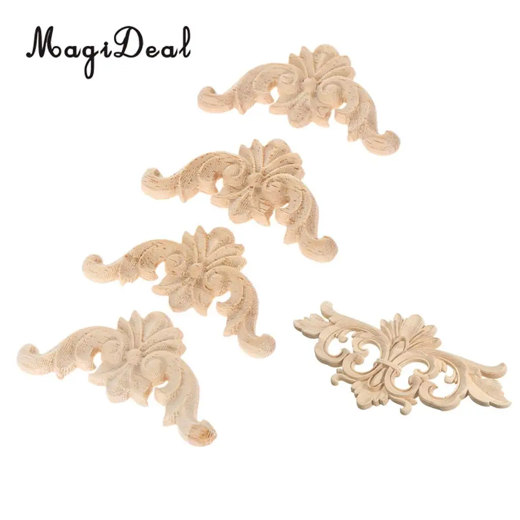 5pcs Vintage Wood Carved Decal Corner Onlay Applique Frame Furniture Wall Unpainted for Cupboard Cabinet Door Decor Art Crafts