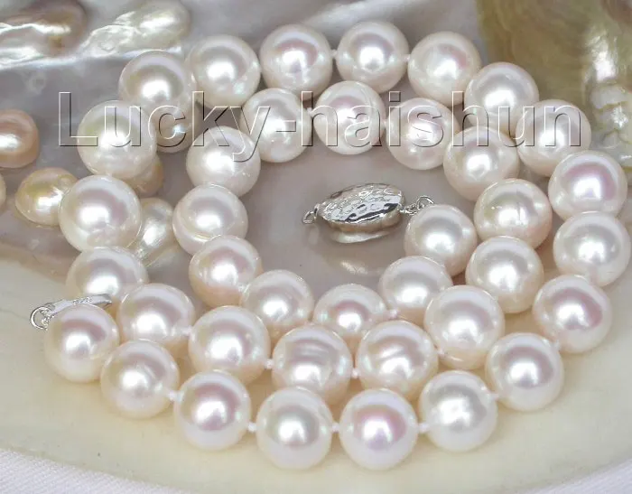 

shipping Natural luster 12mm white pearls necklace 925ss clasp