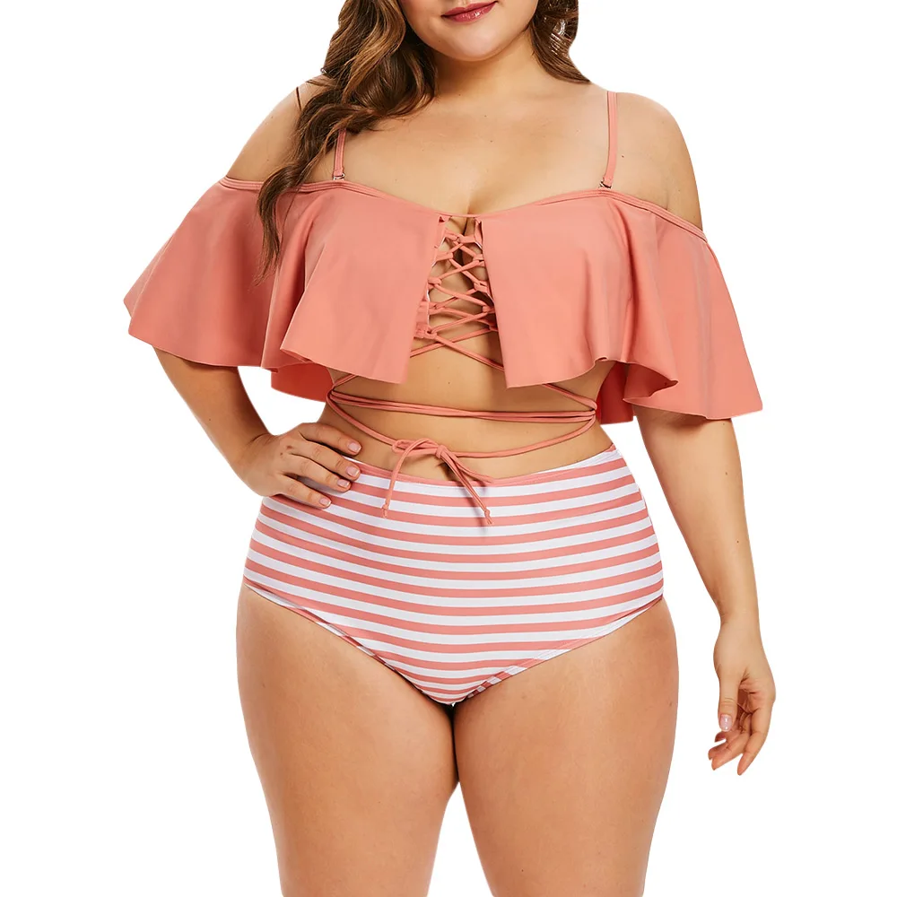 ROSE GAL Womens Plus Size Spaghetti Straps High Waist Galaxy Lace Up Bikini Set