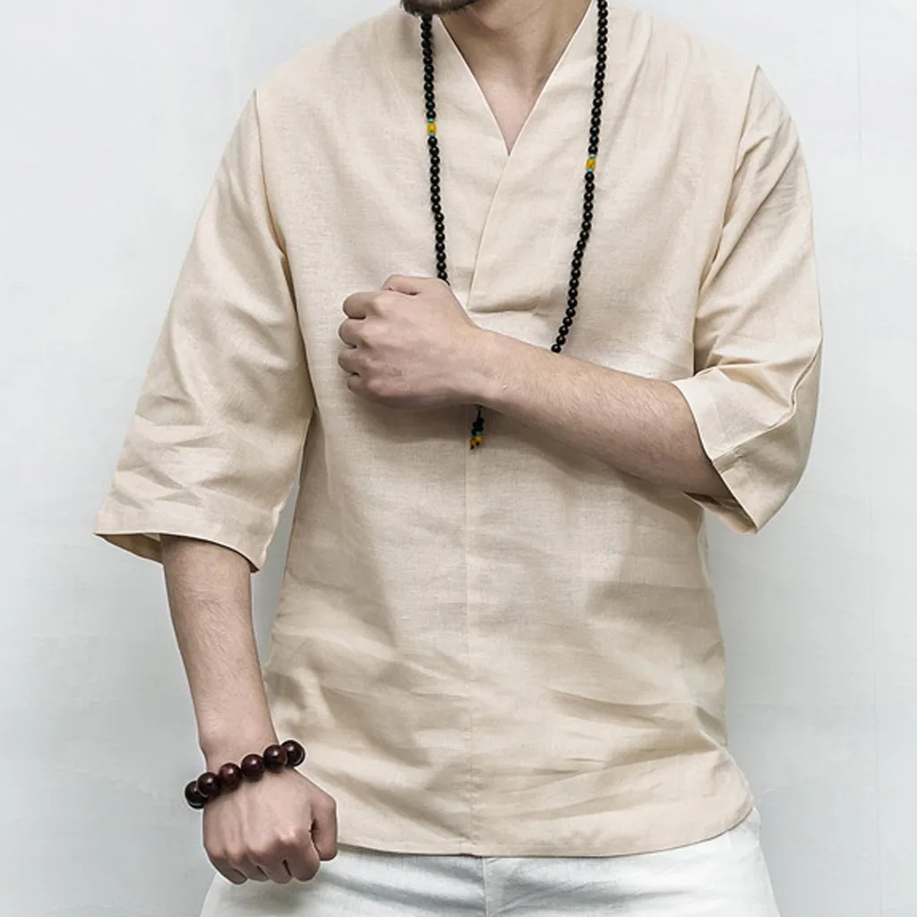 

JAYCOSIN Men Blouse 2019 Linen Patchwork casual shirts Seven-Minute Sleeve slim Breathable Solid Color Loose V neck camisa 411