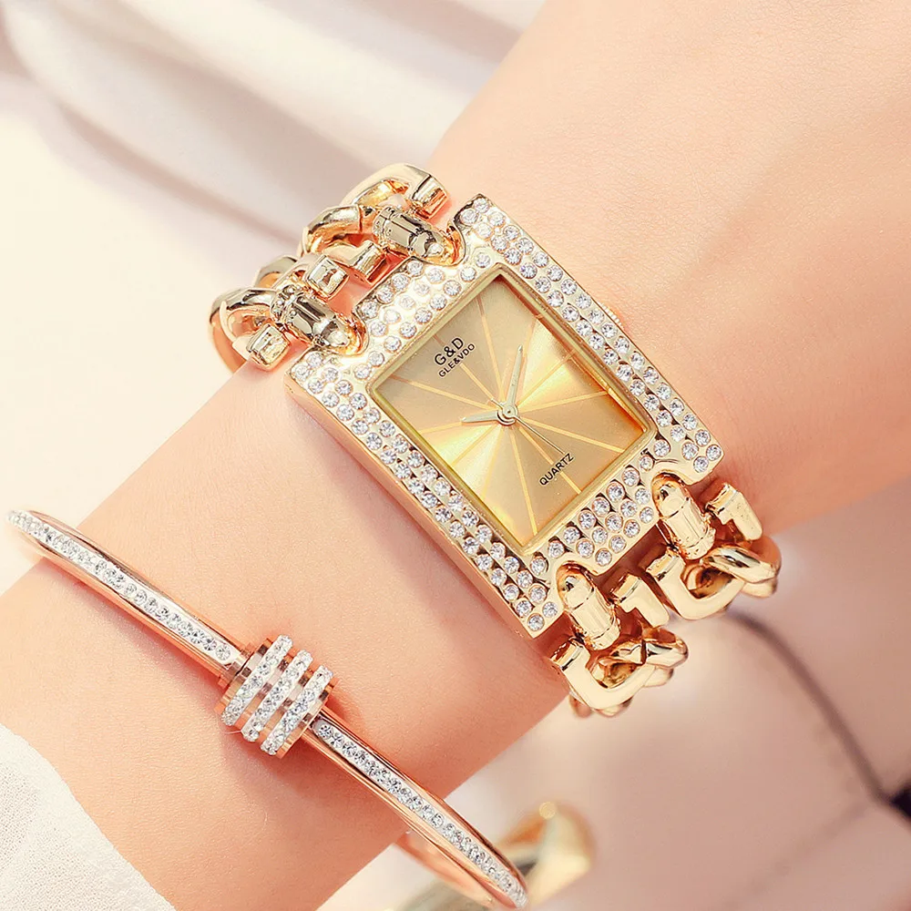 G& D Роскошные Брендовые женские часы Золотые женские кварцевые наручные часы стразы женские часы Relogio Feminino Relojes Mujer Часы