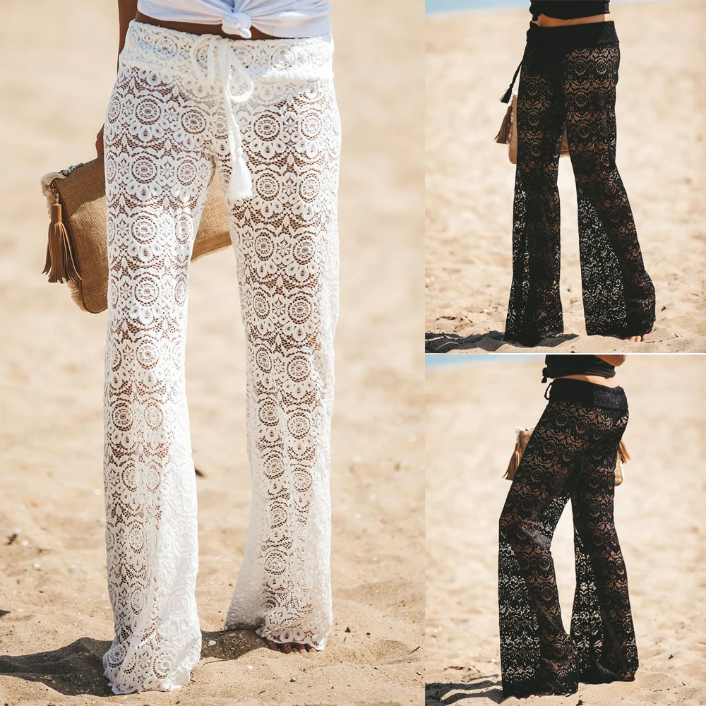

Brand New Women’s Crochet Beach Wide Leg Pants See Through Long Pant Beach Long Trousers Beachwear Female Sun Pant Outfits