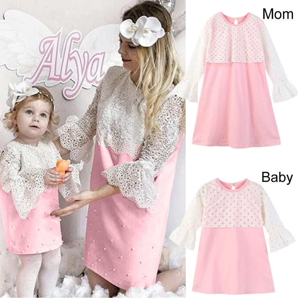 MUQGEW/Коллекция года; одинаковые платья для мамы и дочки; одежда для всей семьи; кружевное платье для вечеринки; детская одежда; платье; наряды - Цвет: Pink