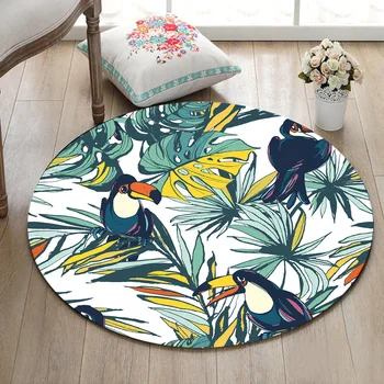 

Round Children's Room Floor Area Rug Living Room Carpet Bathroom Non-Slip Cushion Home Door Mat Tropical Leaves And Crested Ibis