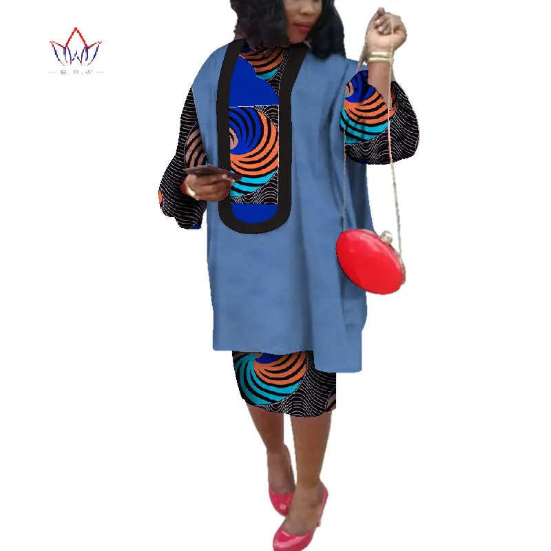 Летняя африканская восковая одежда с принтом для женщин Базен короткая юбка халат комплект Африка 2 шт Дашики плюс размер платье для леди