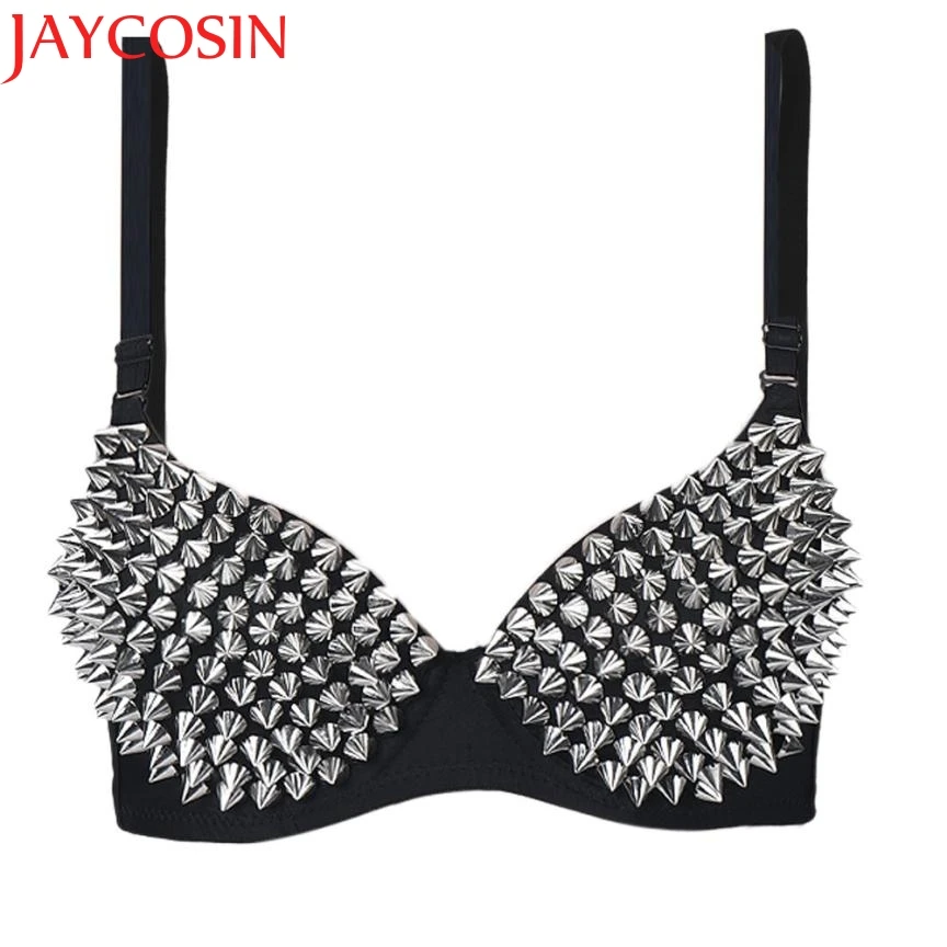 JAYCOSIN, бюстгальтеры для женщин, новинка, в стиле панк, леди, готика, серебряный, с шипами, бюстгальтер, укороченный топ, ультратонкие, вечерние, с шипами, с заклепками, металлический, в стиле панк, танцевальный бюстгальтер H14