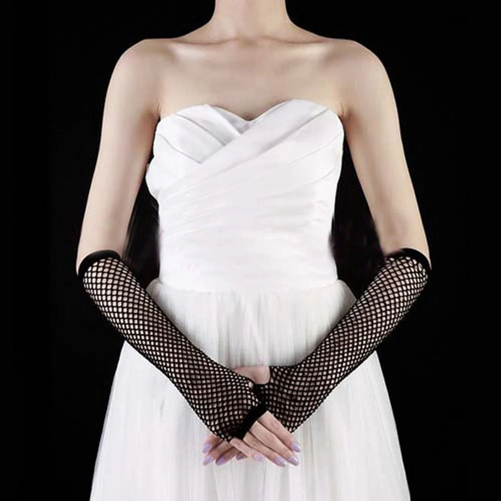 New Lady Elastic Goth Dance Costume Lace Fingerless Fishnet Mesh Gloves 