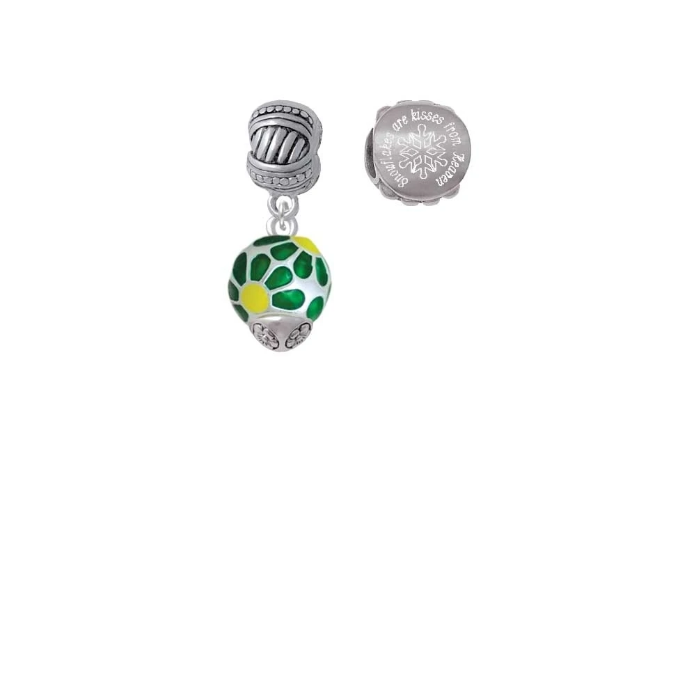 Silvertone Translucent Green Flower Petal Pattern Spinner Snowflakes are Kisses from Heaven Charm Beads (Set of 2)