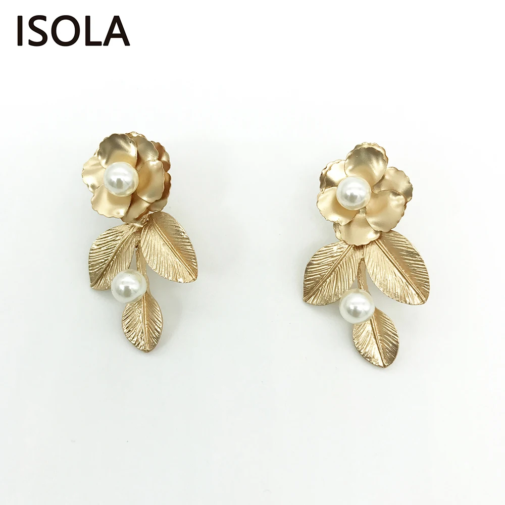 

ISOLA Statement Flower And Leaf Simple Baroque Earrings With Simulated Pearl Jewelry For Cute Woman And Girl