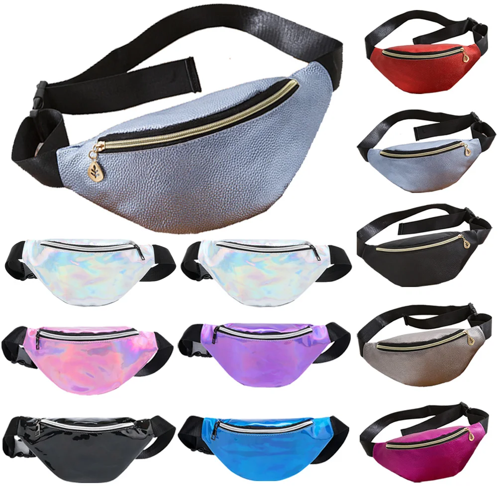 Laser Waist Packs Bags Women Pure Color Fanny Pack Female Belt Bag Black PVC Waist Packs Laser Chest Phone Pouch