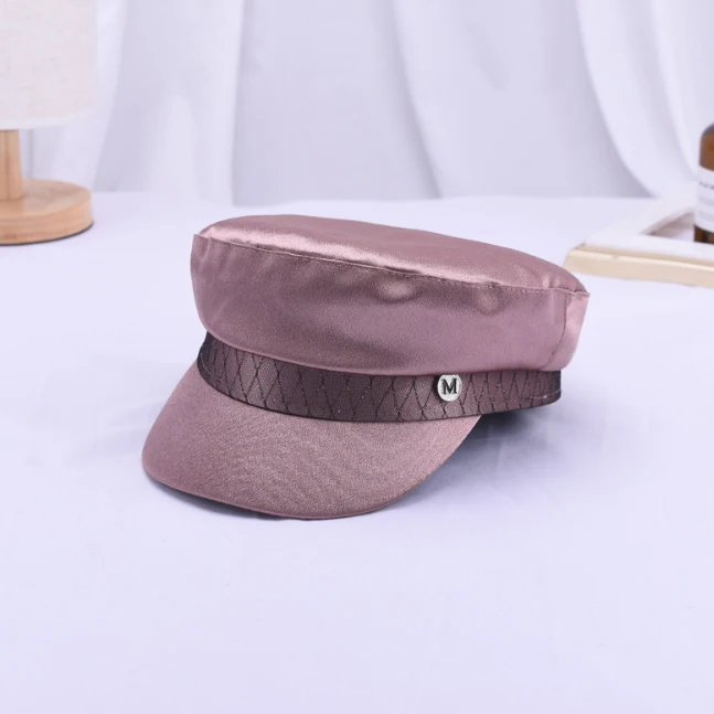 Атласная Военная Кепка женская модная шляпа в стиле милитари бейсболка кола, кепки Женская кепка берет Британский Ретро стиль гладкая Кепка - Цвет: rose gold