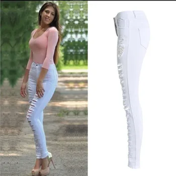 

White Hole Ripped Hot Jeans Women Stretchy Skinny Casual Jeans Sexy High waist Denim Pencil Pants Capris