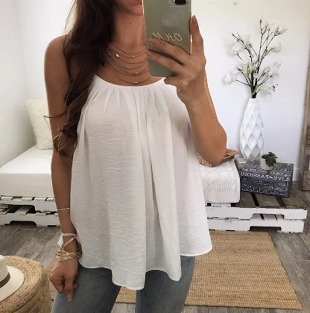 

Plus Size Women Tank Tops Spaghetti Strap Pleated Chiffon Vest Summer Cami Top Ladies Multicolor Loose Tee Shirt Camisole S-6XL
