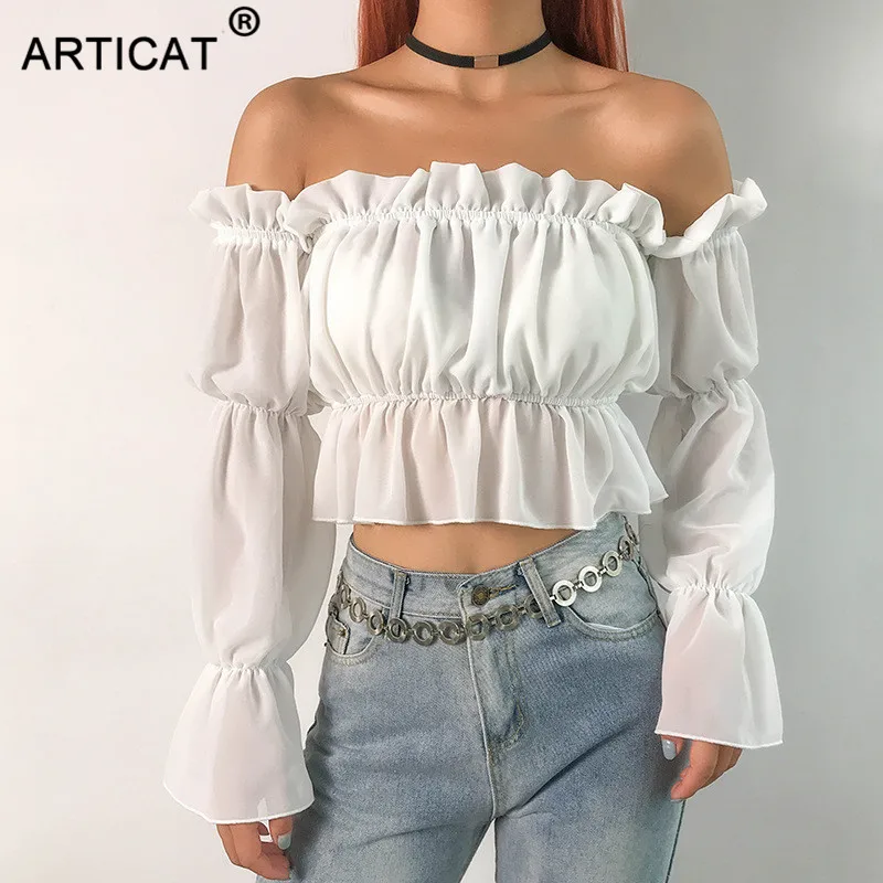 Женская пляжная шифоновая блузка Articat, блузка с открытыми плечами, укороченный топ с оборками, футболка с длинными рукавами и