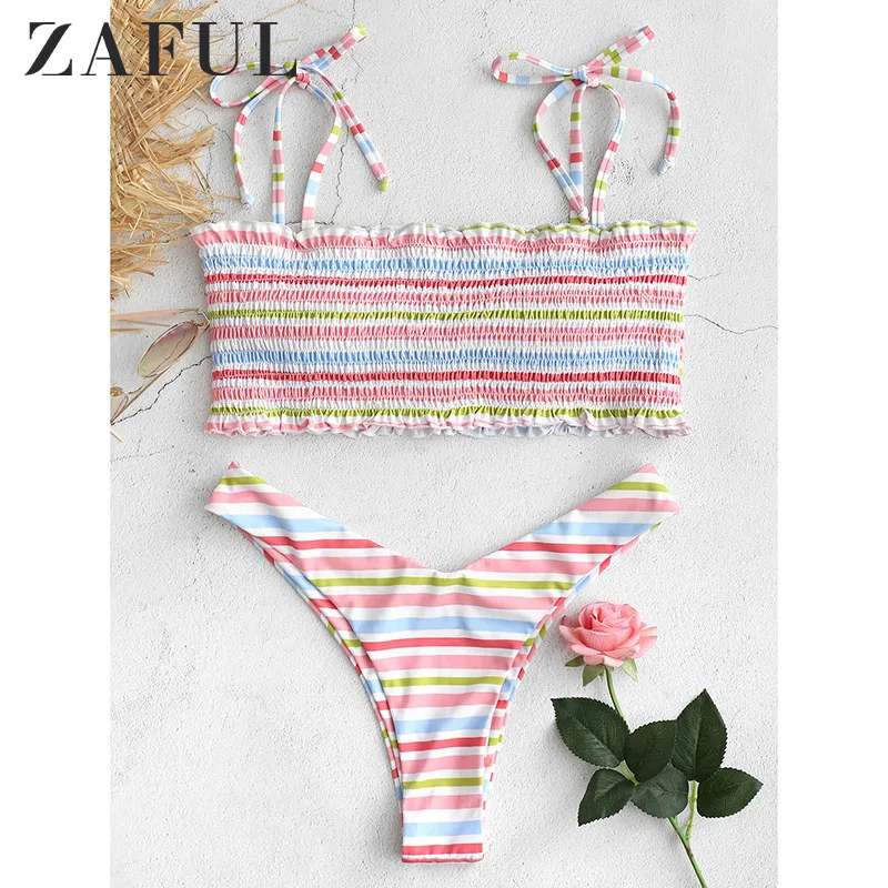 ZAFUL Shirred красочные полосатые бикини набор женский галстук плечо с высоким вырезом