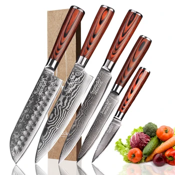 

SUNNECKO 5PCS Kitchen Knives Set Santoku Utility Paring Chef Knife 73 Layers Damascus Steel Slicer Cutter Tool Pakka Wood Handle