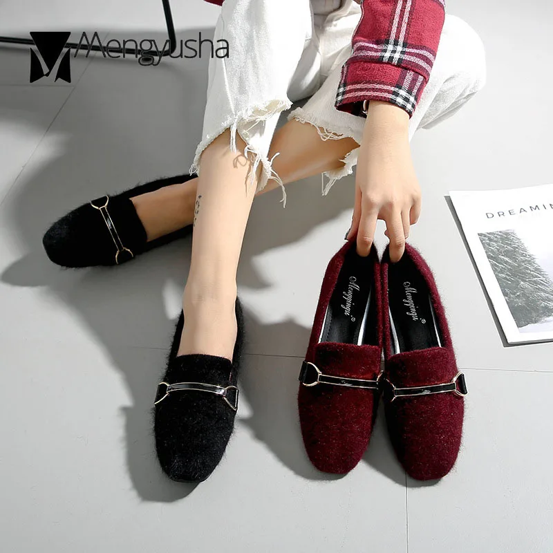 

43 big size mink fur shoes woman glitter crystal beading flats 2018 winter plush mules women slip on loafers fur moccasins c843