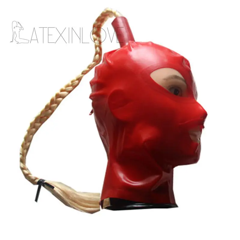 Sexy-Red-Latex-Hood-Mask-Fetish-Blond-Braids-Open-Red-Eyes-Mouth-Back-Zipper-with-One-Pigtails-3