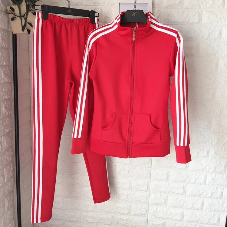 

2018 Top Fashion Polyester Full Zipper Autumn Large Size Casual Suit Female New Striped Sweater + Trousers Two Sets Of