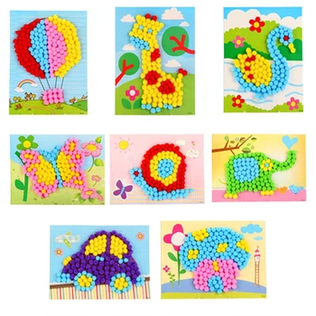 

8Pcs Children Diy Cotton Ball Stickers/Kids Child Cartoon Cardboard With Multi Color Little Ball Stick Paintings,Free Shipping