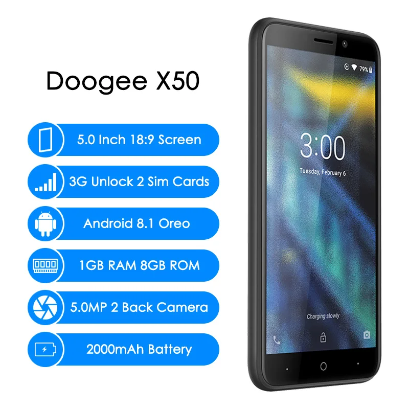 Original Doogee X50 3G Unlock Dual Sim 18:9 5 Inch Smartphone Android 8.1 Oreo Quad Core 1GB RAM 8GB ROM Mobile Phone Cellphone Original Doogee X50 3G Unlock Dual Sim 18:9 5 Inch Smartphone Android 8.1 Oreo Quad Core 1GB RAM 8GB ROM Mobile Phone Cellphone