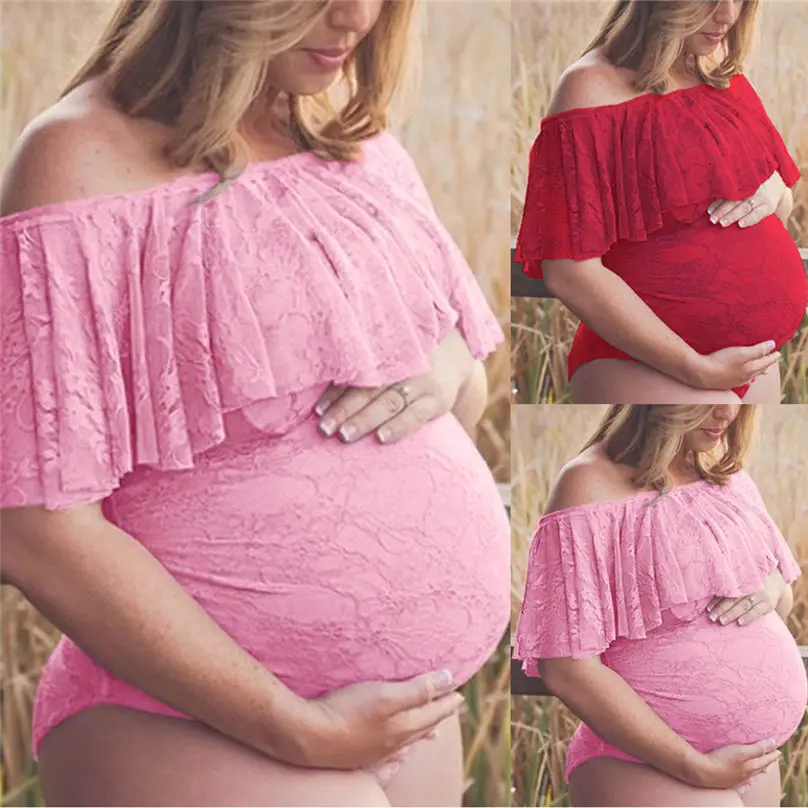 

2019 Sexy Maternity Dress Pregnant Lace Flounces Pure Color Off Shoulder Maternity Jumpsuits Rompers BodySuit body mujer #3A29