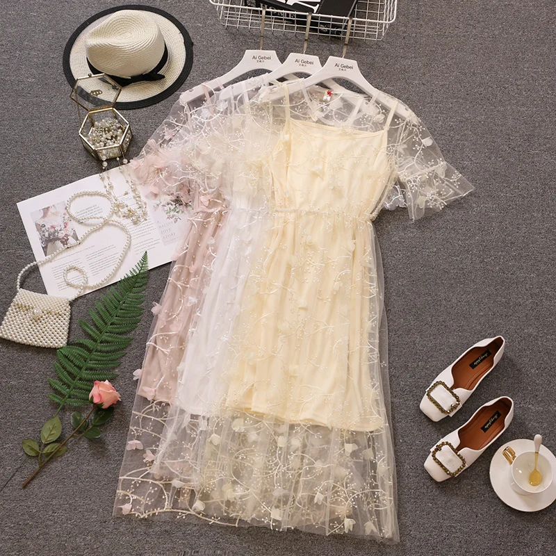 

FMFSSOM Women Floral Embroidery Sweet Mesh Dress 2019 New Summer Ladys O Neck Short Sleeve Vintage 2 Piece Set Dresses