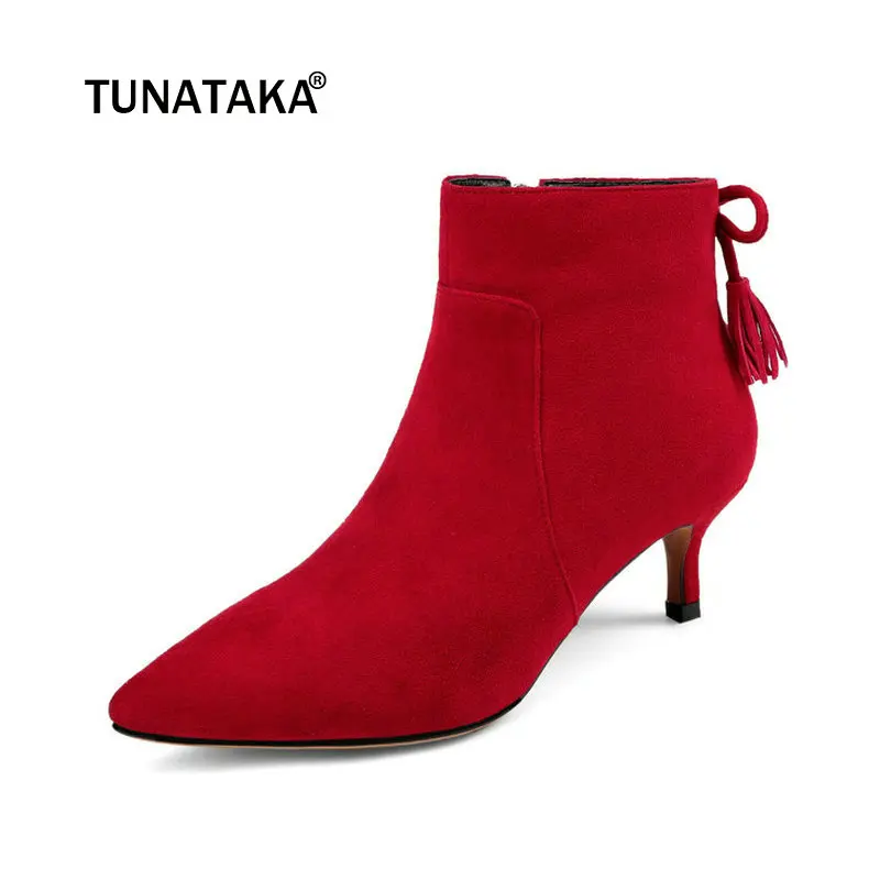 

Suede Comfort Thin Heel Pointed Toe Woman Ankle Boots Fashion Fringe Zipper Dress Shoes Woman Black Red