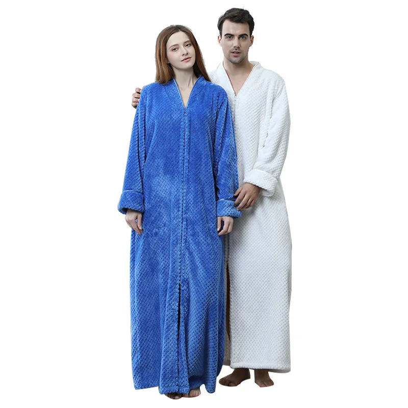 

Men Bathrobe Zipper Onesie Peignoir Women Thicken Flannel Warm Robes Lover Anckle Longthen Dressing Gown pijama hombre invierno