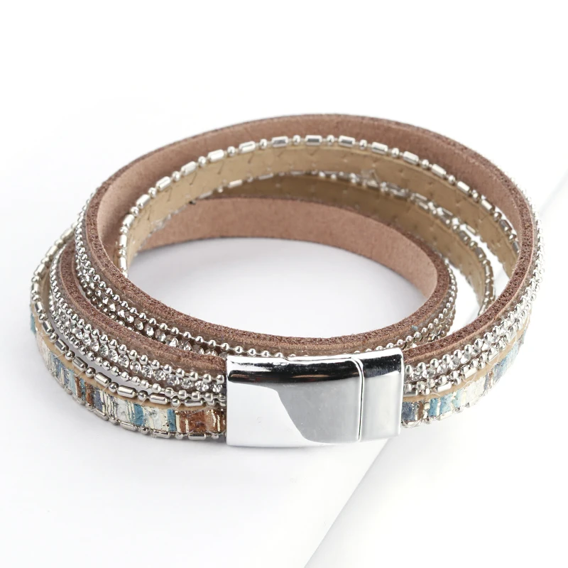 Leather Bracelet ALLYES Women Leather Bracelet Czech Crystal Vintage Boho Multiple Layered Bohemian Double Wrap Men Femme Jewelry Gifts