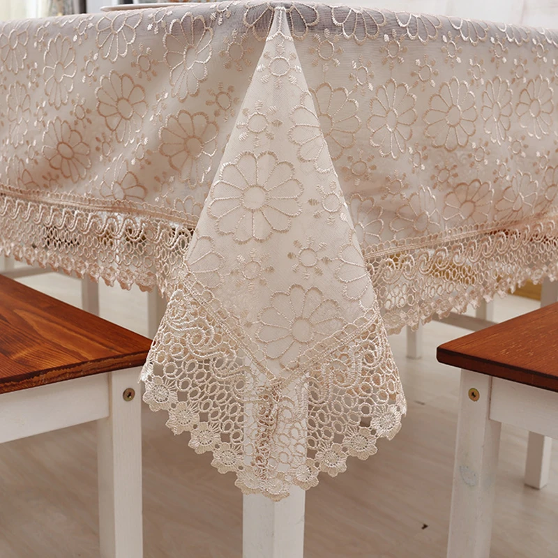 

Double Glazed Yarn Tablecloth Water Soluble Hem Flower Embroidery European Style Cover Washable Table Cloth for Tea Table