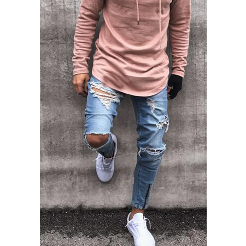  Moda Masculina Solidos Motociclista Zipper Fly Jeans Destruido Buraco Desgastado Rasgado Skinny Slim Fit Calcas Lapis Denim 