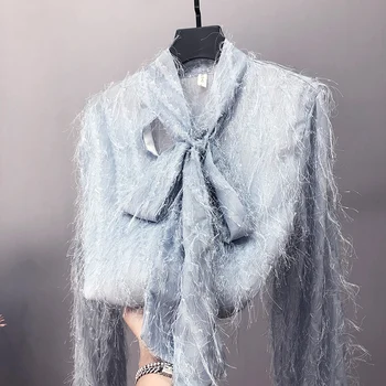 

2019 summer new chiffon tassel women blouse and shirts solid loose office lady white shirts outwear tops