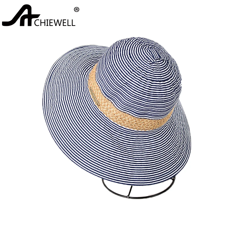 

ACHEIWELL Bucket Hats For Women Summer Suncreen Striped Cloth Outdoor Round Hats Fashion Straw Hats