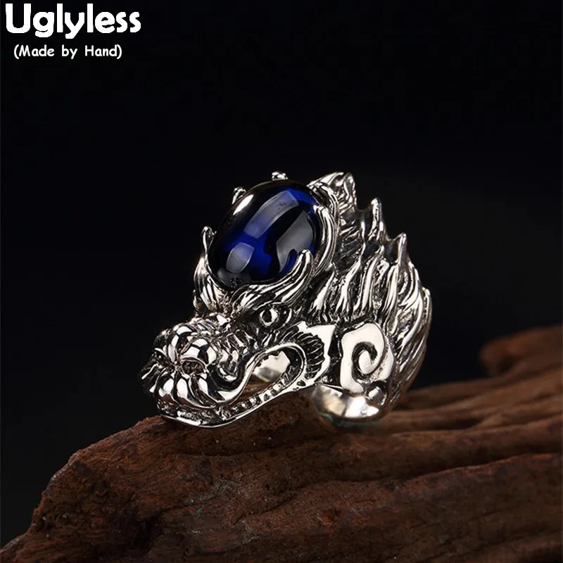 Uglyless Real S 925 Sterling Silver Natural Blue Chalcedony Men Rings Handmade Engraved Dragon Finger Ring Ancient Totem Jewelry | Украшения