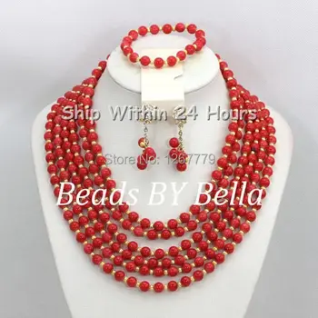 

Fantastic Red Wedding Jewelry Set For Brides African Beads Wedding Set Bridal Set Fashion Necklace Free Shipping ABC739