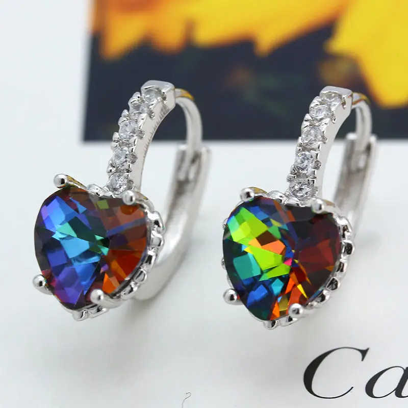 

Rainbow Color Stone Hoop Earrings for Women Luxury Jewelry CZ Pave Crystal Hoop Earrings Heart Couple Love Hoop Earrings O3E129