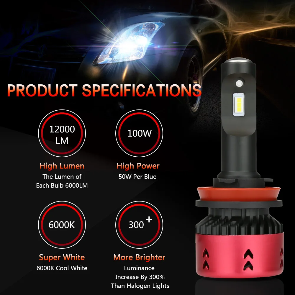 Zdata H11 Светодиодный 9006 HB4 автомобильные лампы для автомобилей 100 Вт 12000Lm H8 H9 светильник лампы для головной светильник s CSP 12 В автомобилей 6000K турбо вентилятор светодиодный