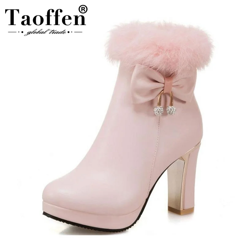 

TAOFFEN Size 31-45 Women Mid Calf Boots Bowtie Zipper High Heel Boots Platform Thick Fur Warm Botas Snow Shoes Woman Footwears