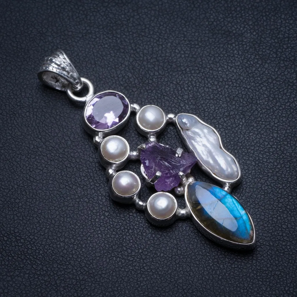 

Labradorite,Rare Cluster Amethyst,Biwa Pearl River Pearl 925 Sterling Silver Pendant 2 1/4" T2256