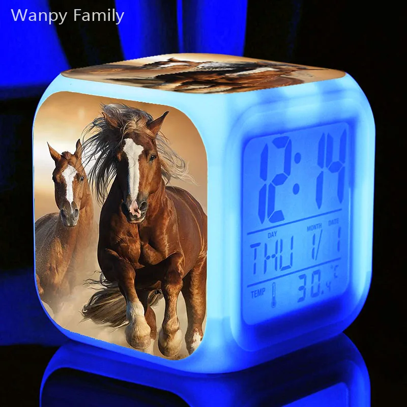 Бегущий черный конский будильник часы 7 цветов светодиодный светящийся цифровой будильник для детской комнаты многофункциональные электронные будильники
