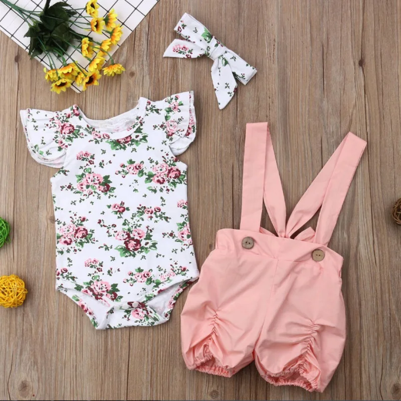 

3PCS Kids Clothes Baby Girl Clothes Short Sleeve Floral T-shirt Tops Romper+Pink Bib Pant Overall Trouser Children Clothing