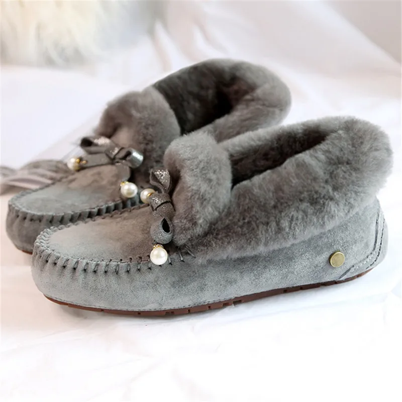 100% Genuine Leather Women Flat Shoes Warm Wool Winter Boots Natural Fur Snow Fashion Non-slip Ankle | Обувь