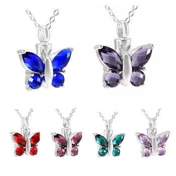 

Shiny Crystal Birthstone Butterfly Cremation Urn Necklace Memorial Jewelry for Ashes Pendant Locket Funeral Keepsake Gift