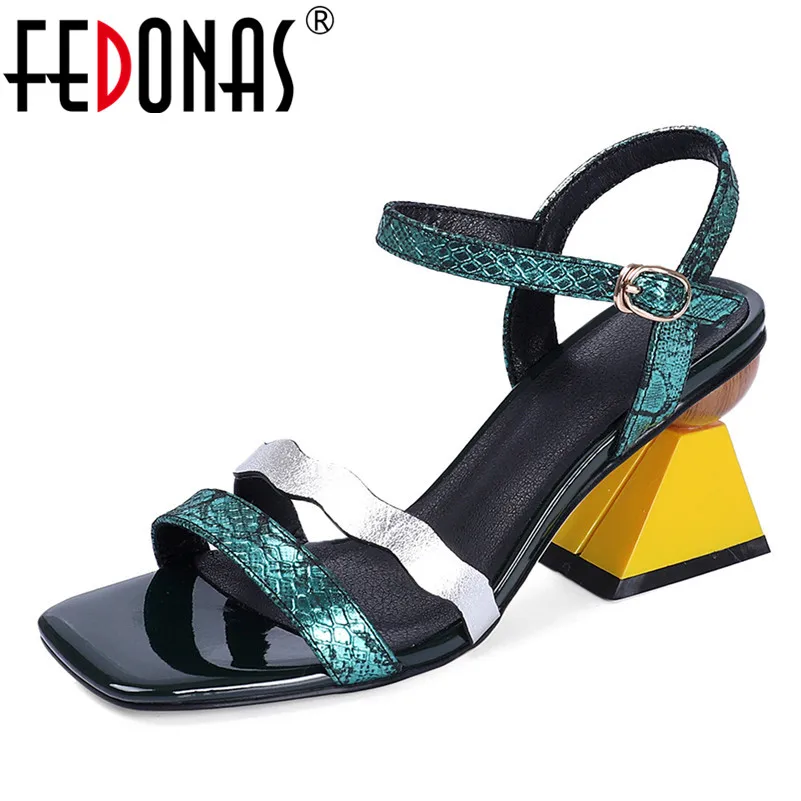 

FEDONAS Summer New Fashion Mixed Colors Women Sandals Classic Genuine Leather Square Toe Strange Heeled Shoes Woman Party Shoes